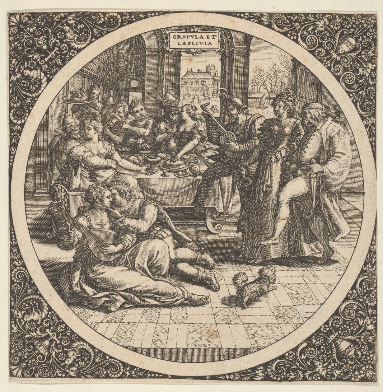 Scene med galanter ved en banket i en cirkel i midten, 1580-1600. af Theodore de Bry