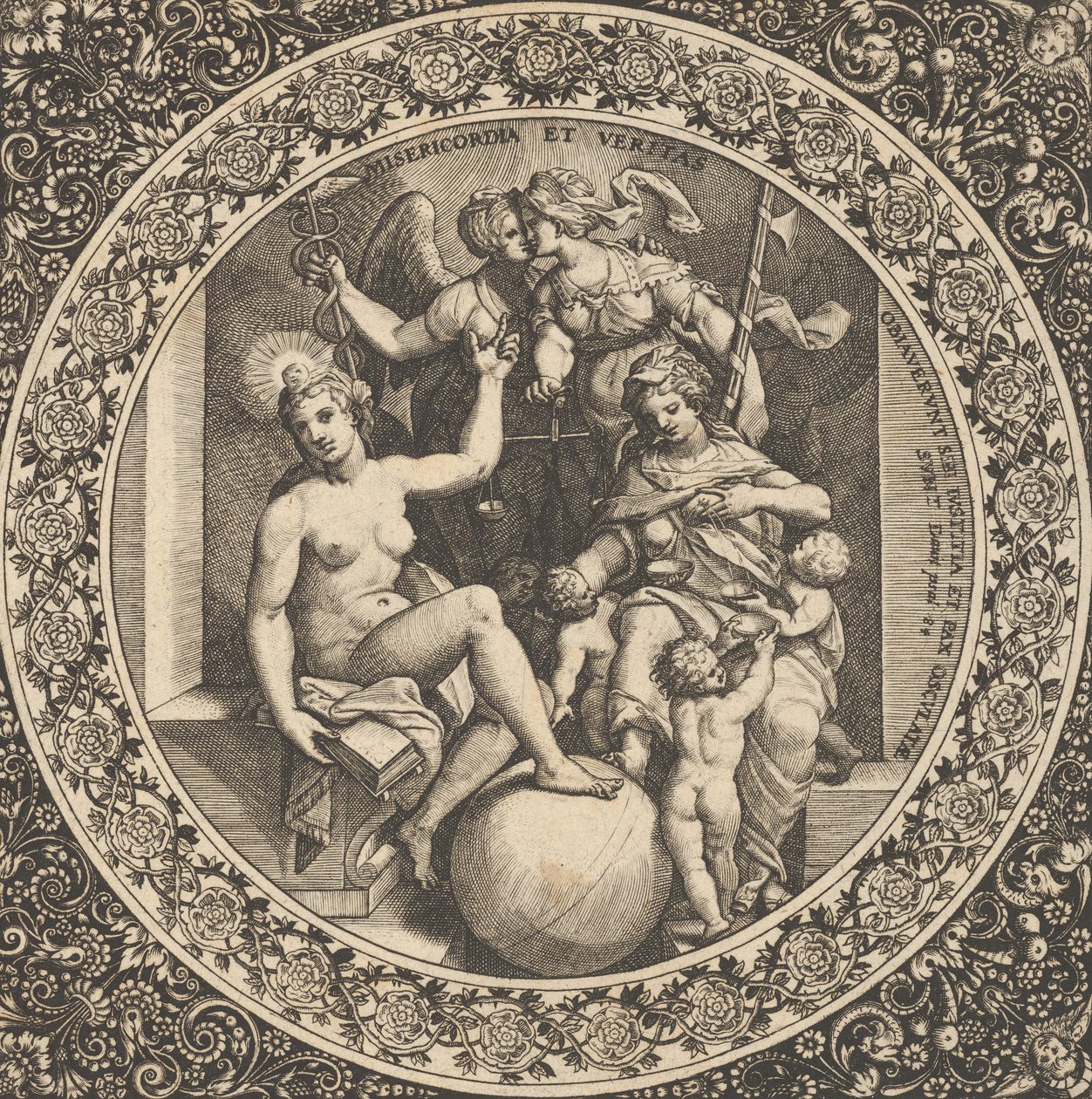 Scene med Misericordia og Veritas i en cirkel i midten, 1580-1600. af Theodore de Bry