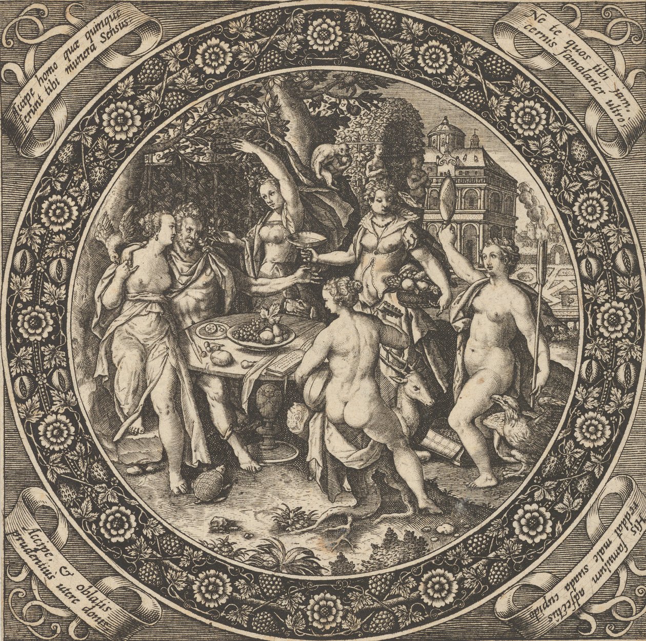 Scene med en fest af kærlighed i en cirkel i midten, 1580-1600. af Theodore de Bry