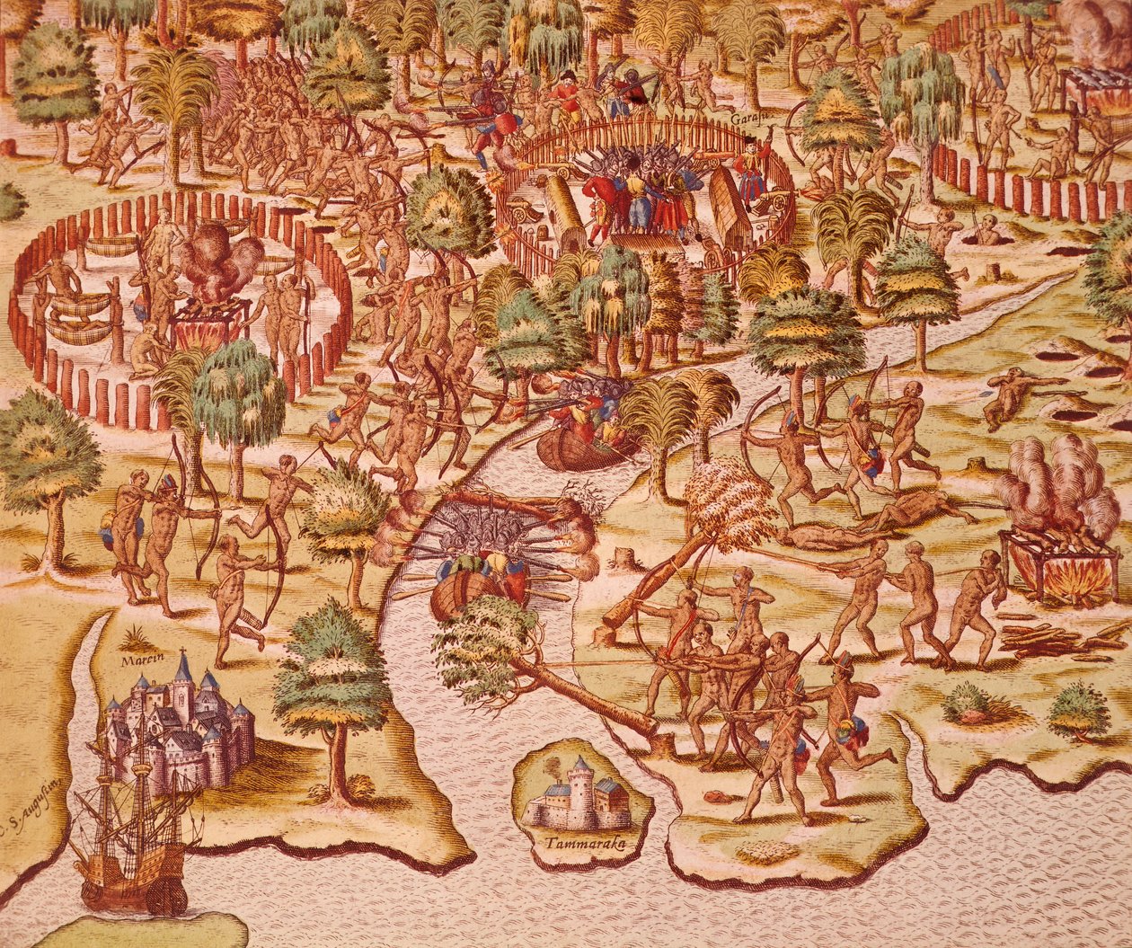 Belejrings- og angrebstaktik i sammenstød mellem indfødte og erobrere af Theodore de Bry