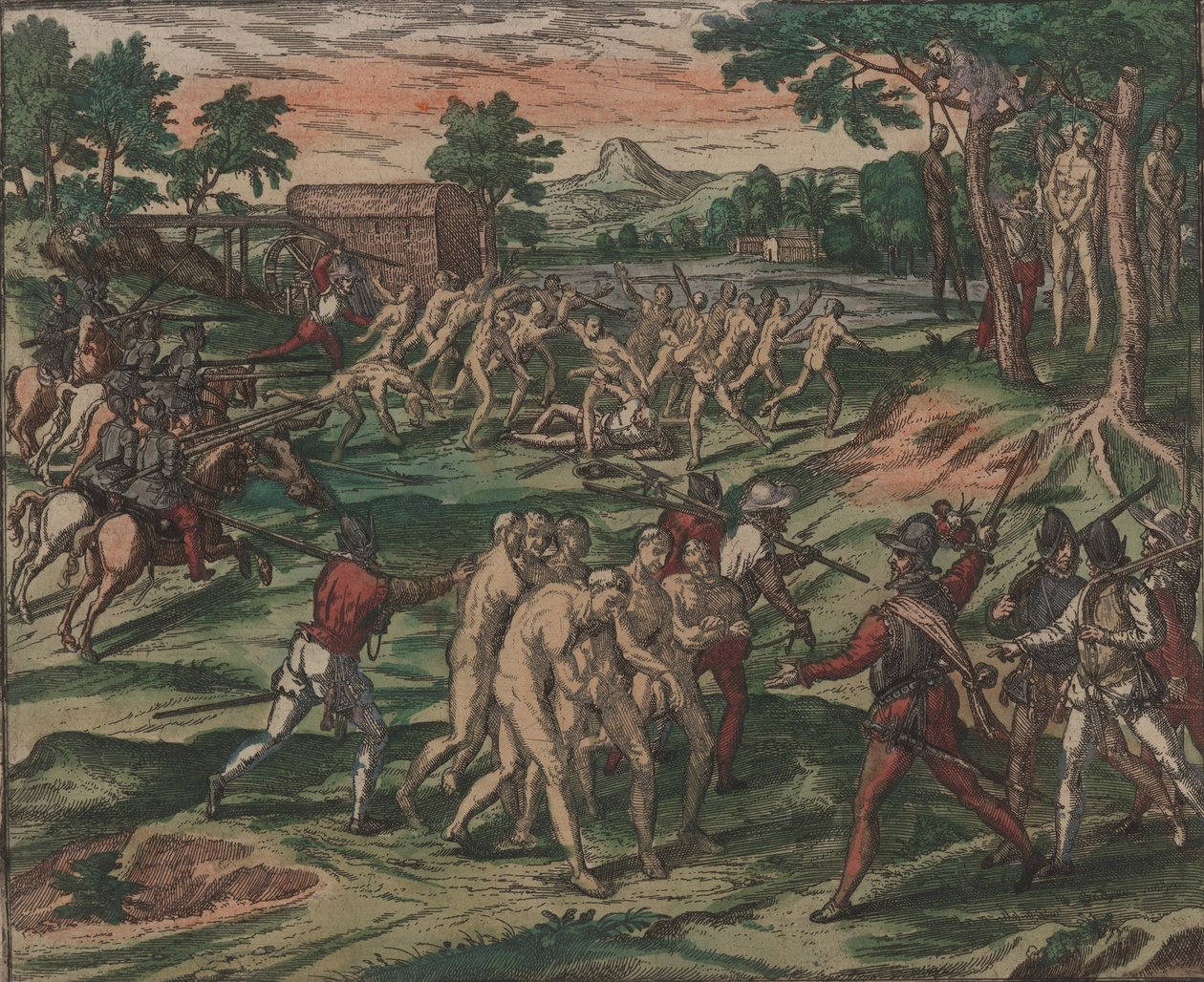 Slaver forsøger at overvinde deres spanske ejere, men bliver fanget og hængt fra træer, 1595. af Theodore de Bry