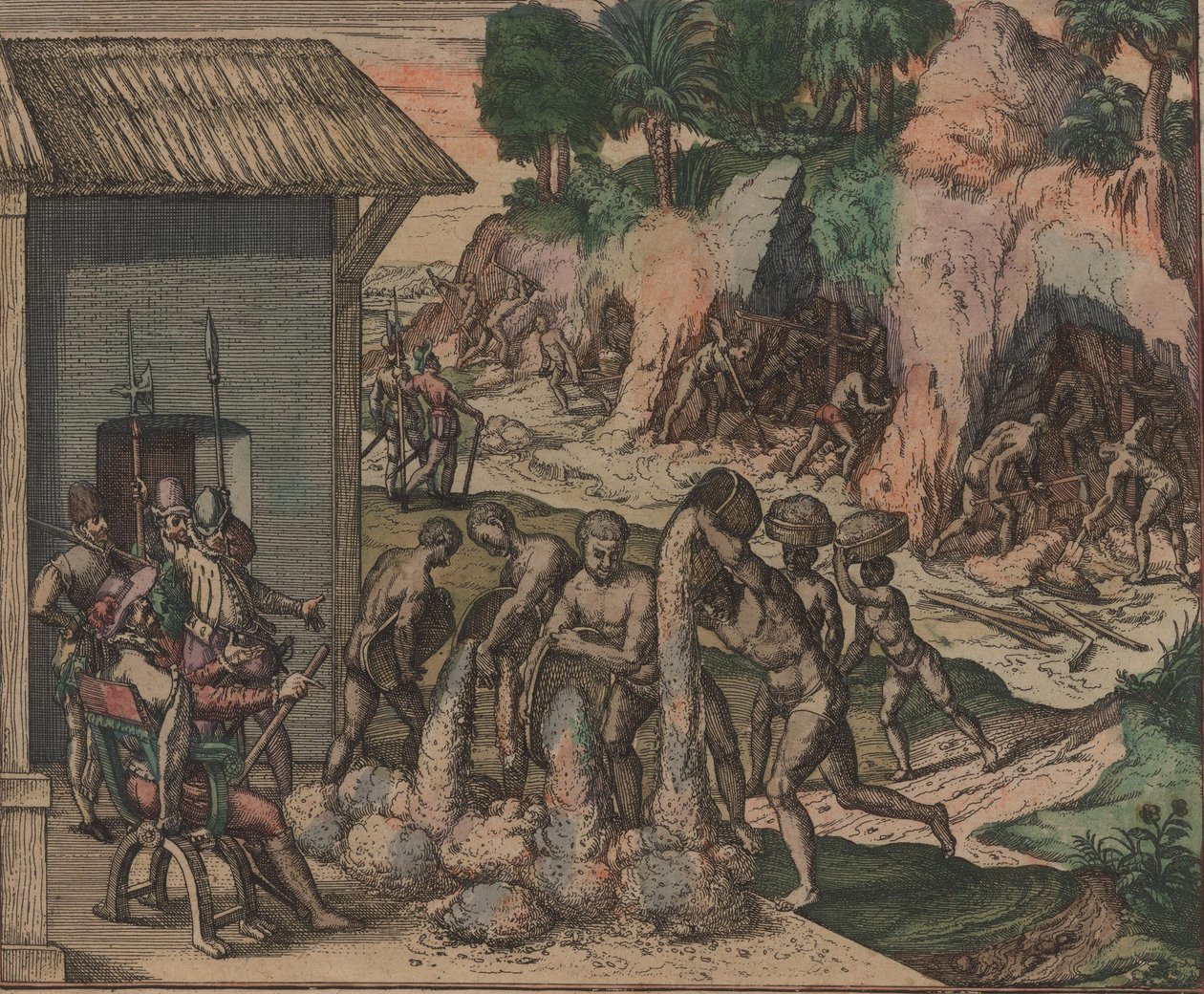 Slaver hælder malm foran europæiske soldater. I baggrunden arbejder slaver i minerne, 1595. af Theodore de Bry