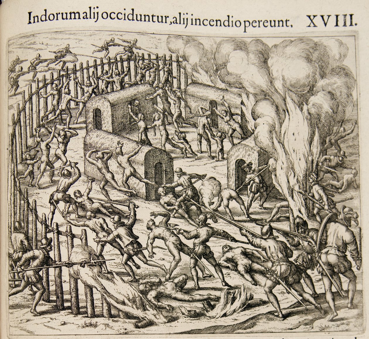Nogle indianere bliver dræbt, nogle omkommer i en brand. Fra: Americae pars qvarta af Theodore de Bry
