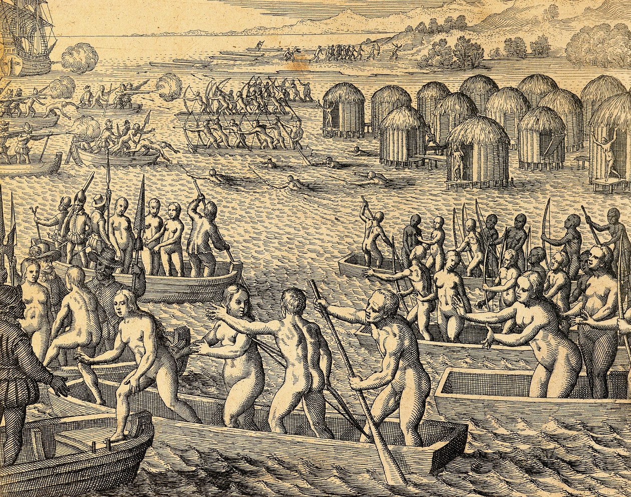 Sydamerikanske indfødte angriber erobrernes skibe af Theodore de Bry