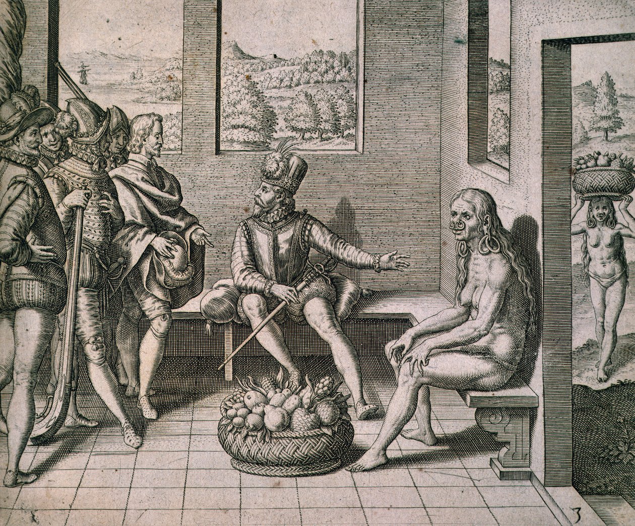 Spanske erobrere, der møder indfødte kvinder i Amerika, af Theodore de Bry af Theodore de Bry