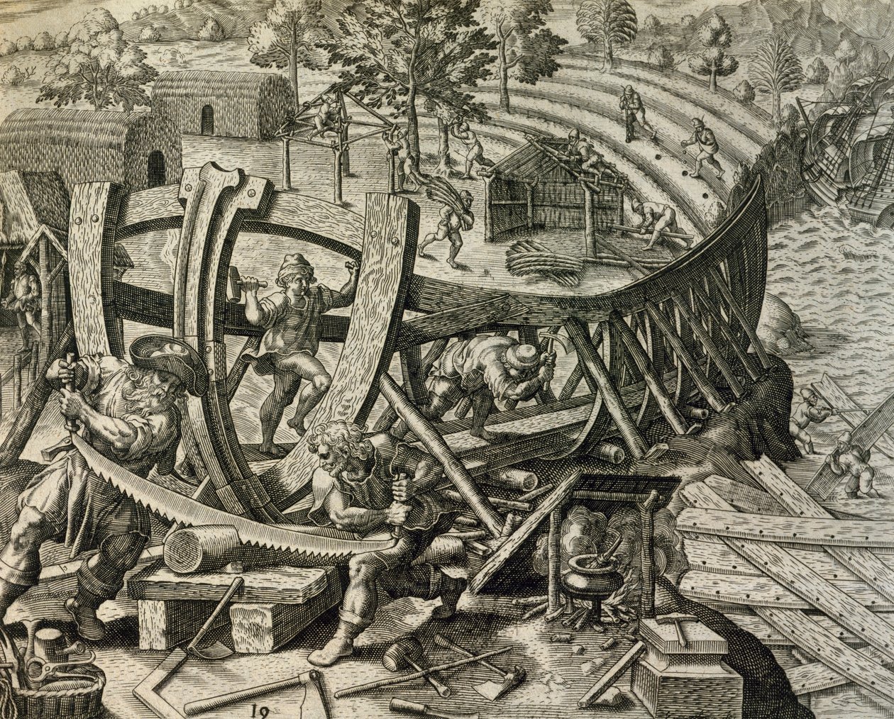Spanske sømænd bygger karavel, gravering fra Historia Americae, af Theodor de Bry (1528-1598) af Theodore de Bry