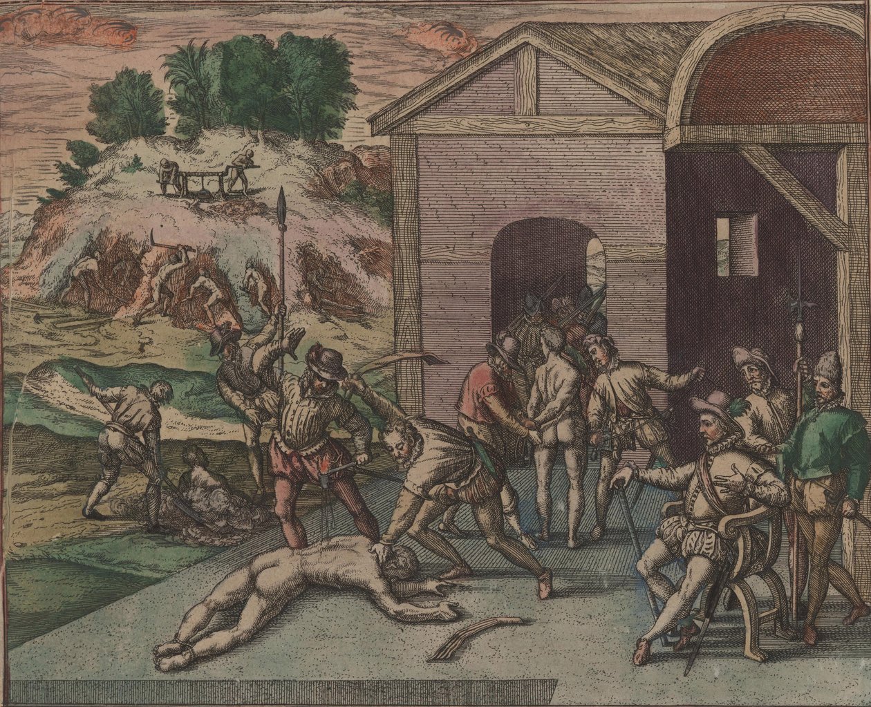 Spanske soldater observerer og udfører en slaves afstraffelse, 1595. af Theodore de Bry