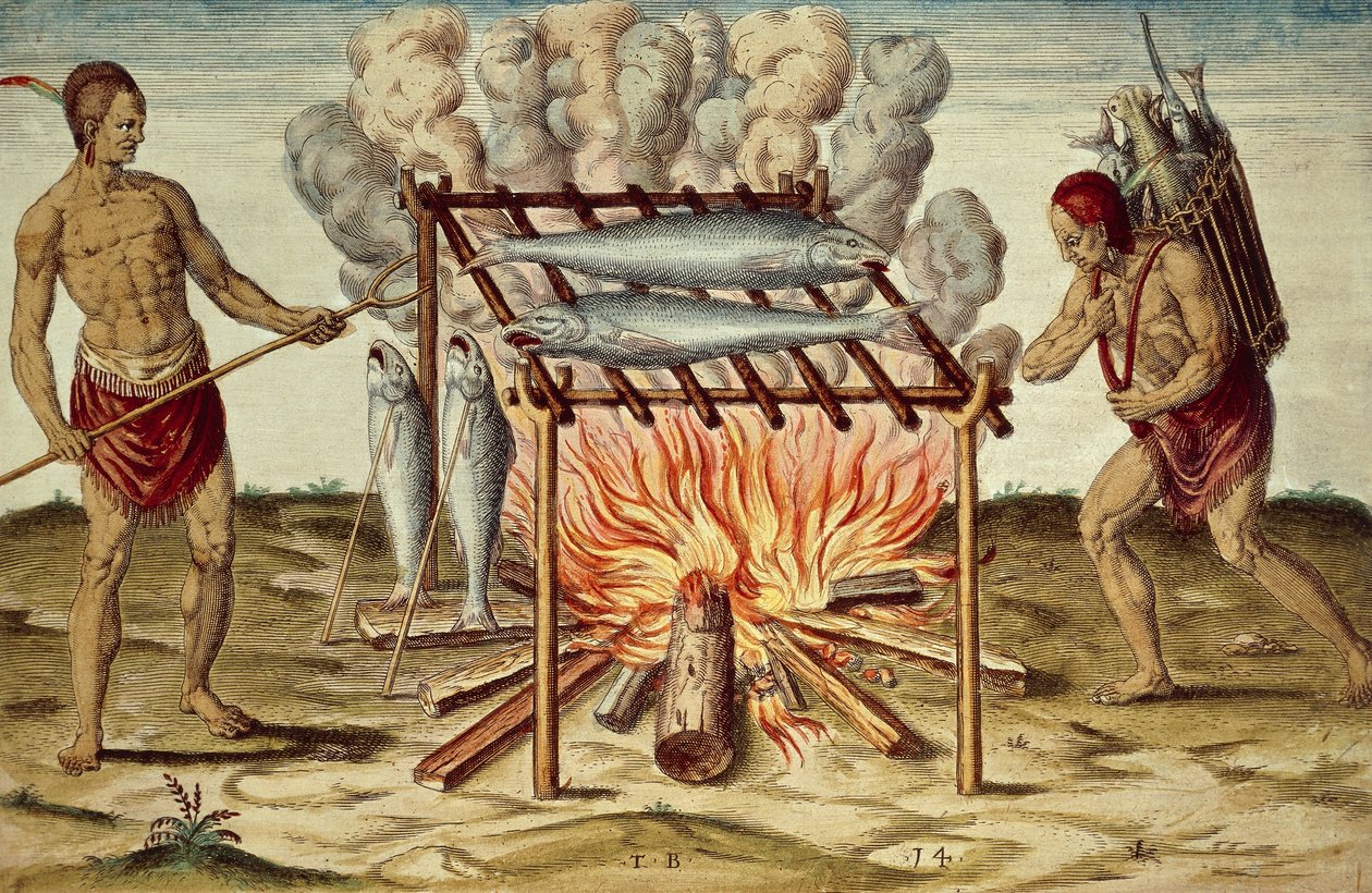 Taino indfødte, der tilbereder fisk, farvegravering af Theodor de Bry (1528-1598) fra maleri af John White, fra Kort og sand rapport om det nye fundne land i Virginia af Theodore de Bry