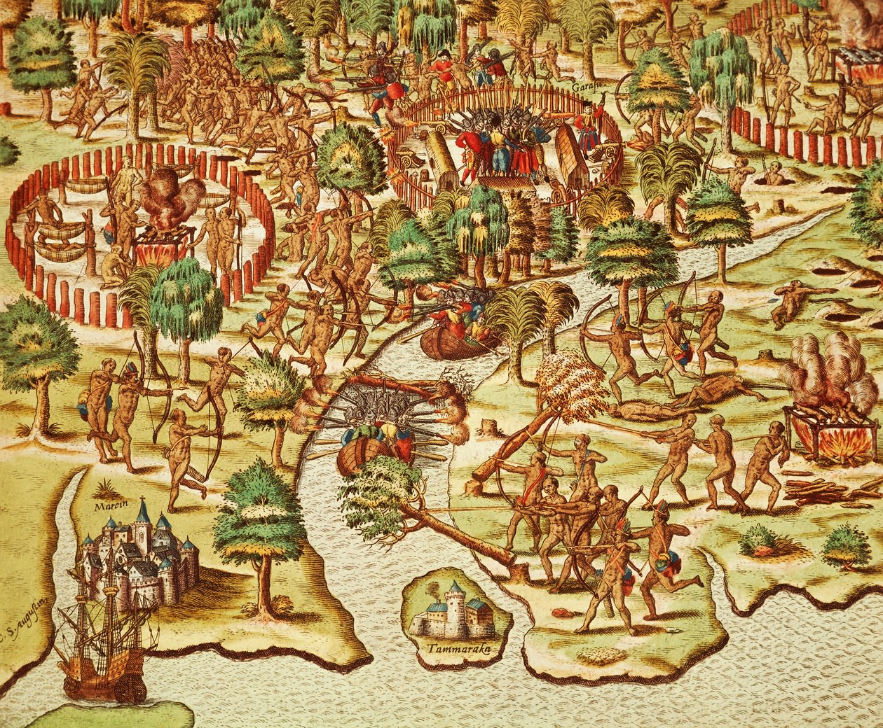 Teknikker til belejring og angreb, gravering af Theodor de Bry (1528-1598), fra Americae tertia pars af Theodore de Bry