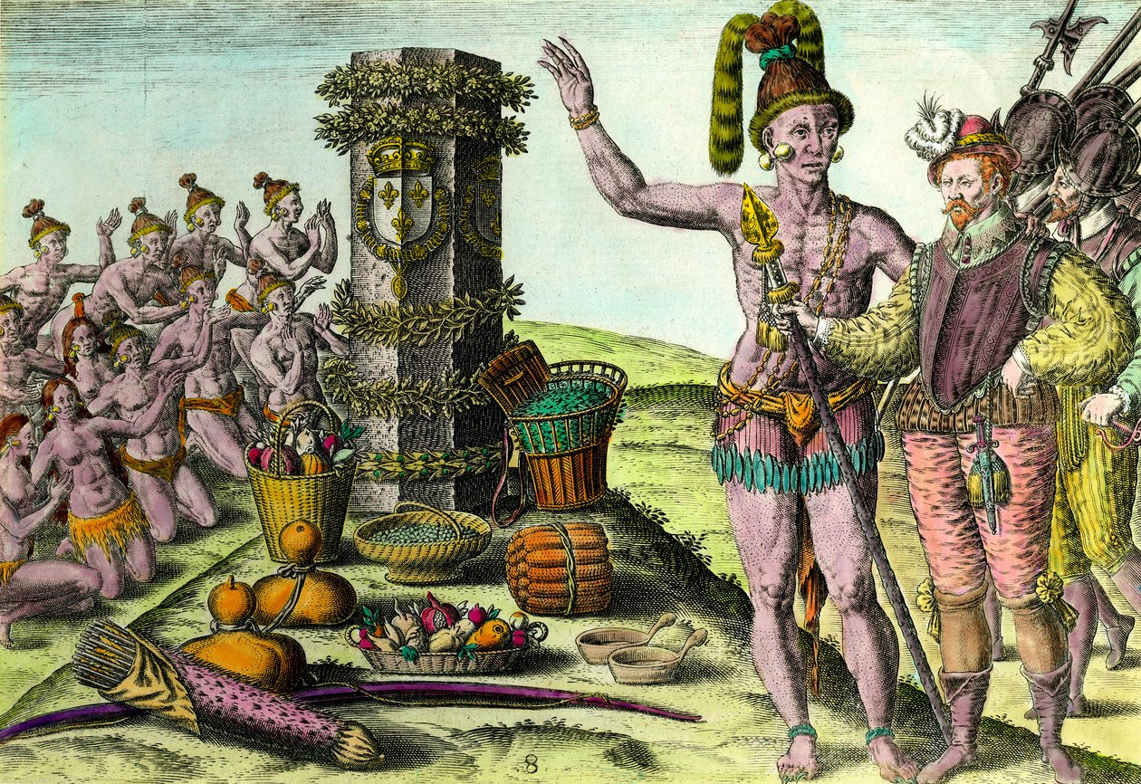 Floridianerne kom kolonnen erigee af den franske navigatør Jean Ribault (1520-1565) af den første ekspedition til Florida Indgravering fra "History of America" af Theodore De Bry (1528-1598) 1500-tallets privatsamling af Theodore de Bry