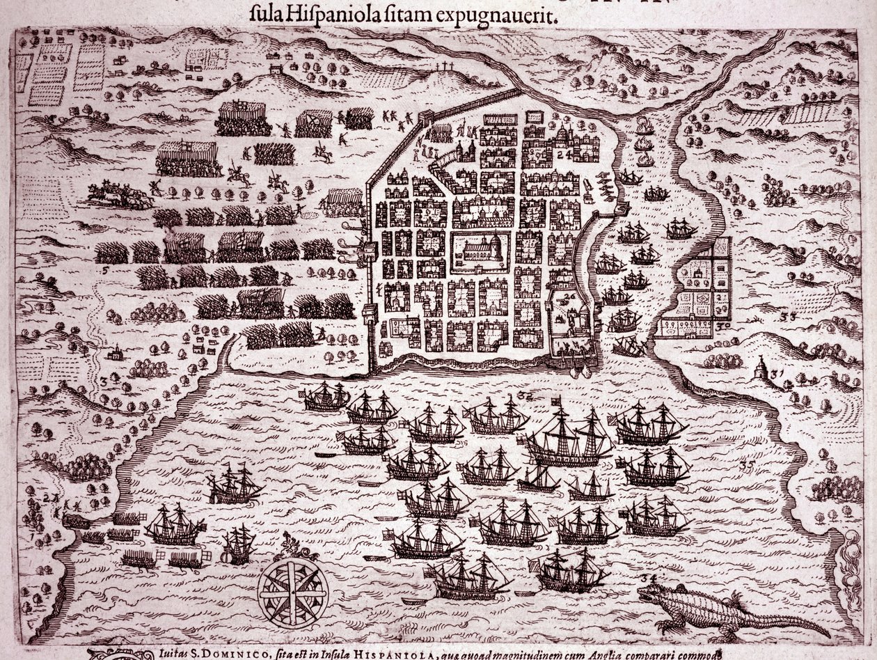 Francis Drake-flåden indtager øen Santo Domingo (gravering af Theodore de Bry