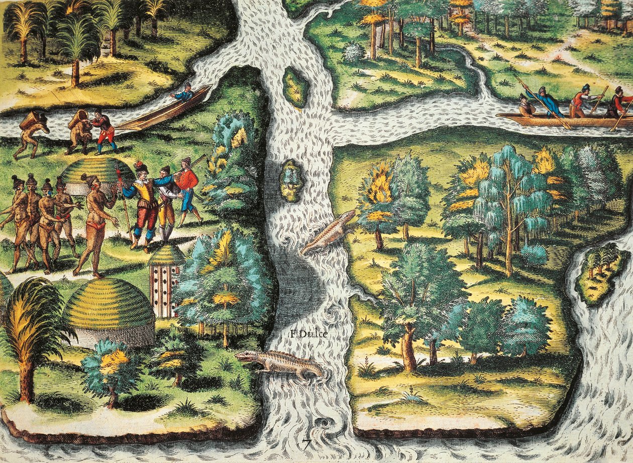 Franskmændene hjælper de indfødte med at få mad af Theodore de Bry