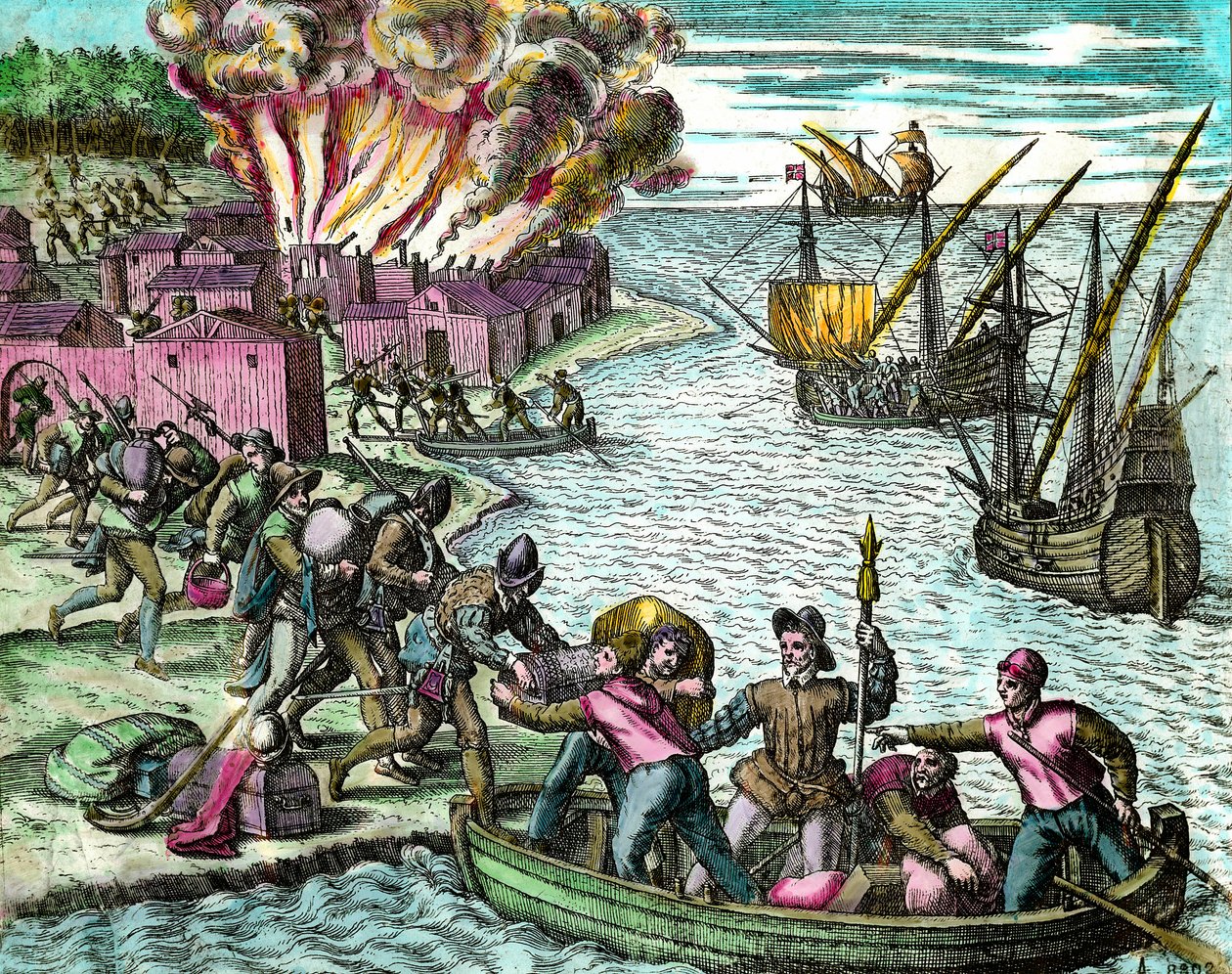 Franskmændene plyndrer og brænder byen Chioreran Indgravering fra "History of America"" af Theodore de Bry (1528-1598) 1500-tallets privatsamling af Theodore de Bry