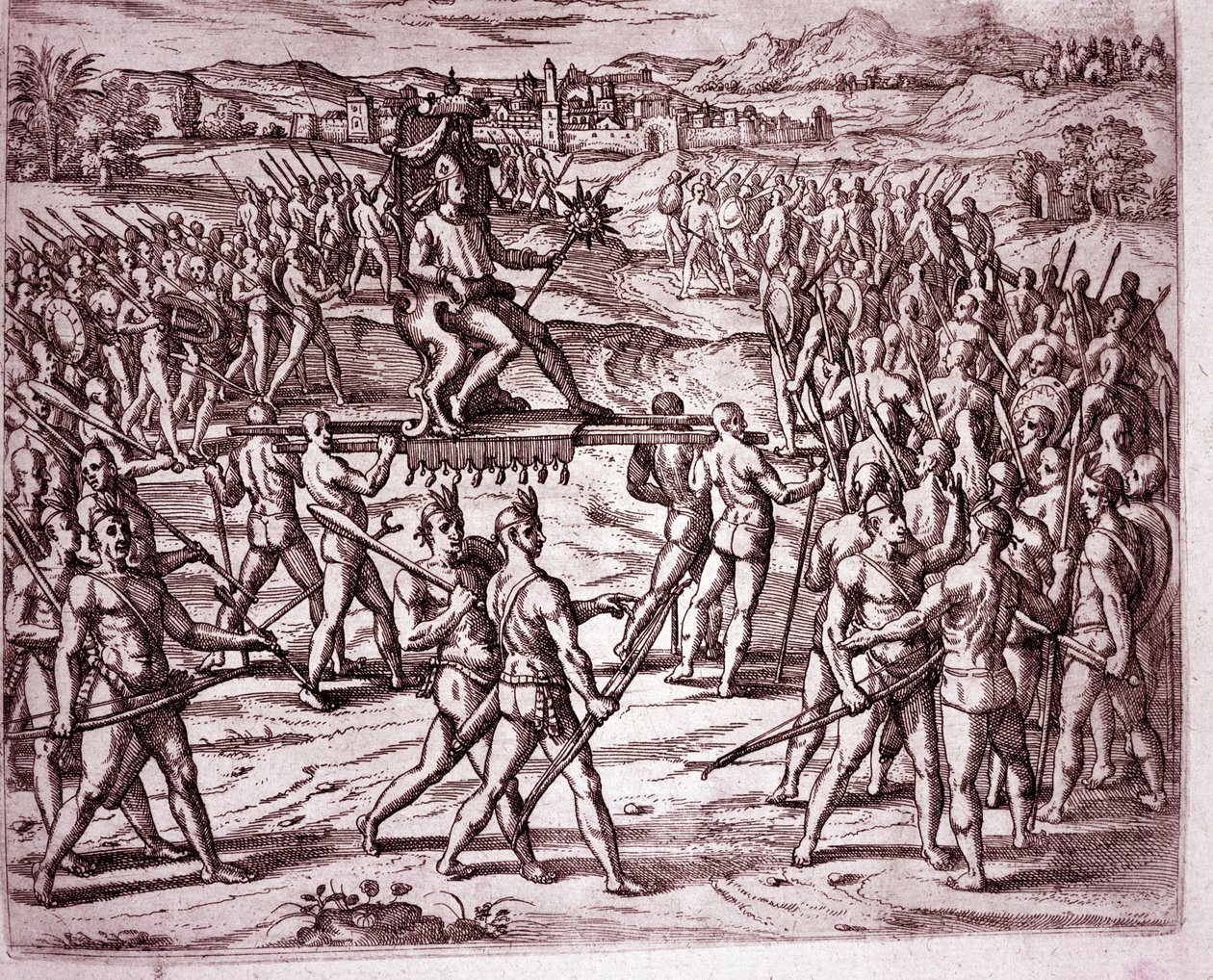 Inka-kongen, Atahualpa (eller Atabaliba), der holder et scepter i form af en sol, bliver båret på et kuld for at møde Francisco Pizarro (gravering) af Theodore de Bry