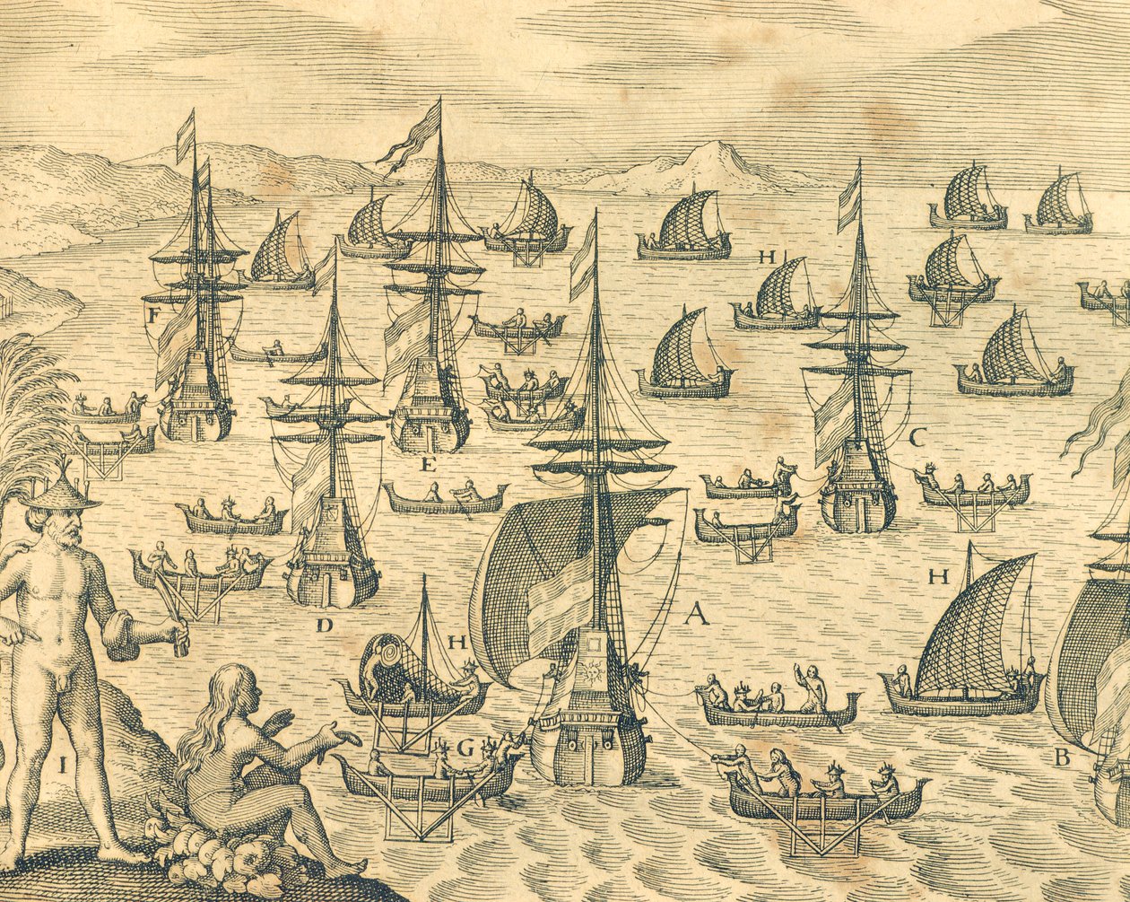Tyvenes ø, gravering fra amerikansk historie af Theodore de Bry, Nordamerika 17. århundrede. af Theodore de Bry