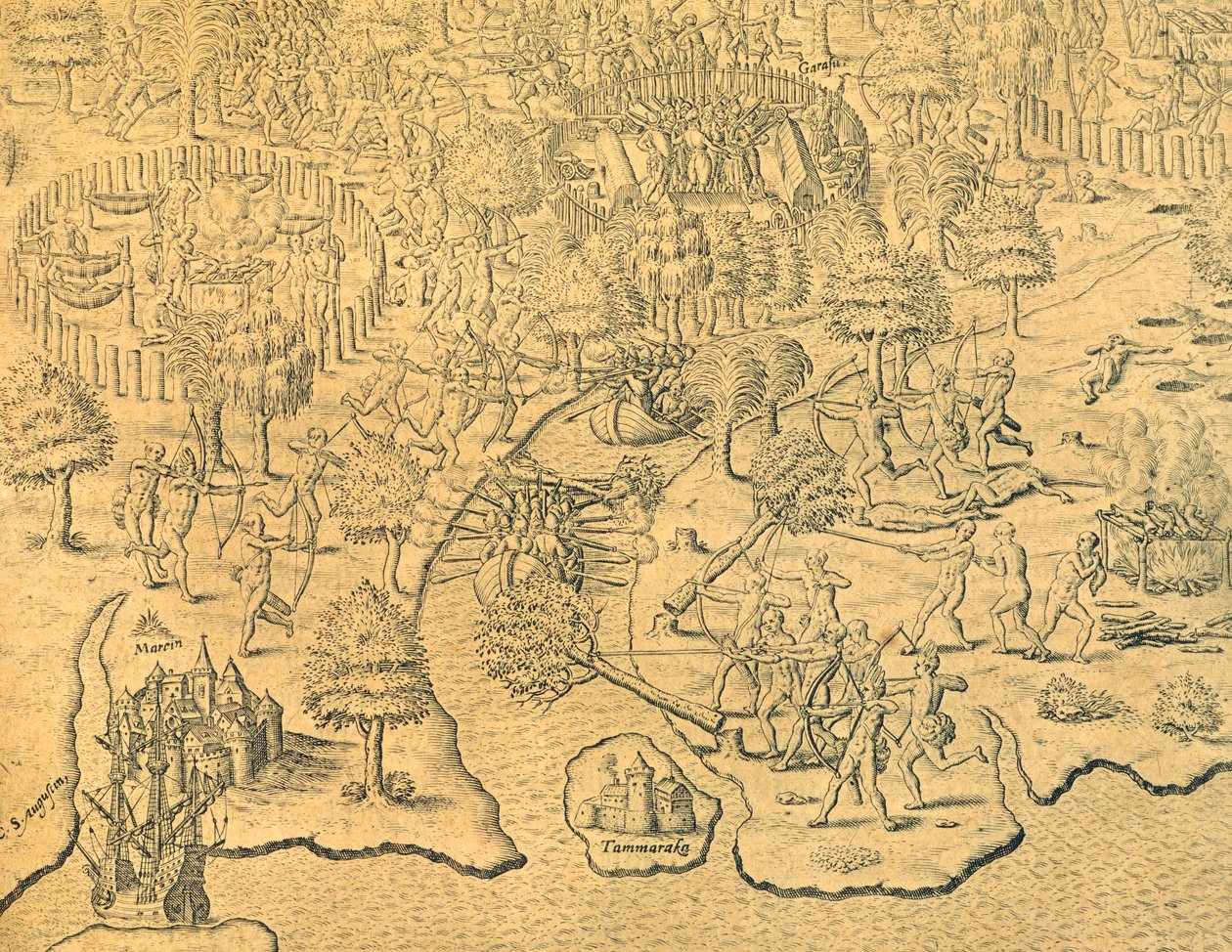 Portugiserne skubber mod det indre og bliver angrebet af en lokal stamme af Theodore de Bry