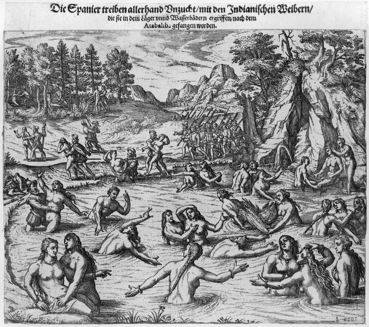 Spanierne misbruger indiske kvinder efter tilfangetagelsen af kong Atahualpa (ca. 1502-33) i 1532 af Theodore de Bry