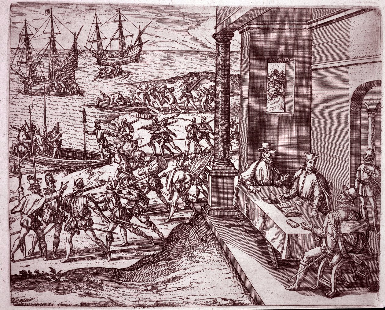 De spanske conquistadorer Francisco Pizarro, Diego de Almagro og Hernando de Luque gik sammen om at erobre Peru (gravering af Theodore de Bry