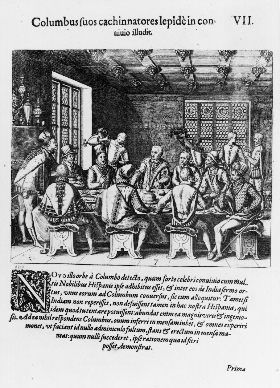 Historien om ægget af Christopher Columbus (1450-1506) 1585-88 (gravering) (bw foto) af Theodore de Bry