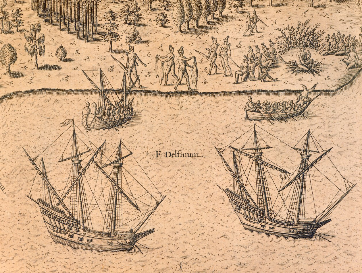Ankomsten af franske skibe til Florida af Theodore de Bry