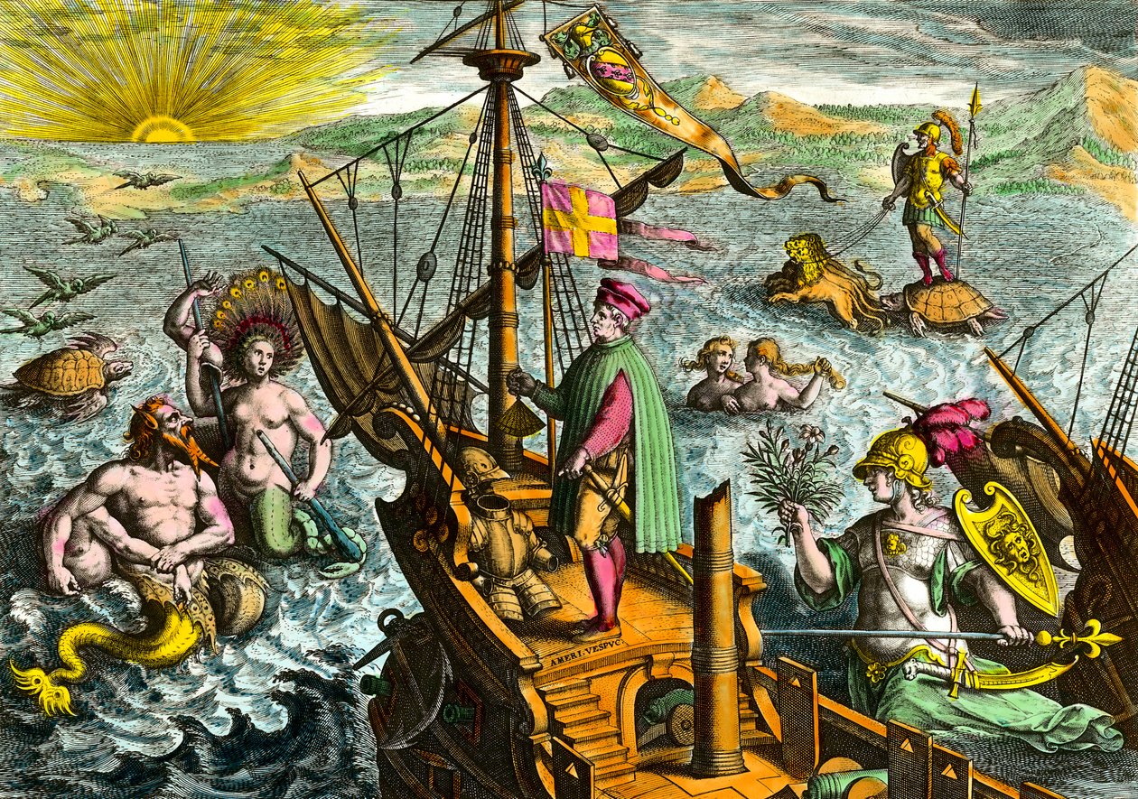 Den italienske navigatør Amerigo Vespuccis båd (1454 - 1512) af Theodore de Bry