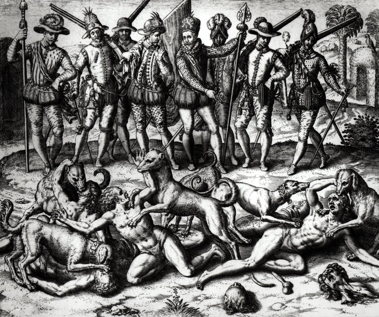 Vasco Nunez de Balboas (1475-1571) hunde angriber indianerne af Theodore de Bry