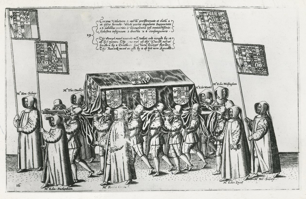 Sir Philip Sidneys begravelseskorteg på vej til St. Pauls Cathedral, 1587 af Theodore de Bry
