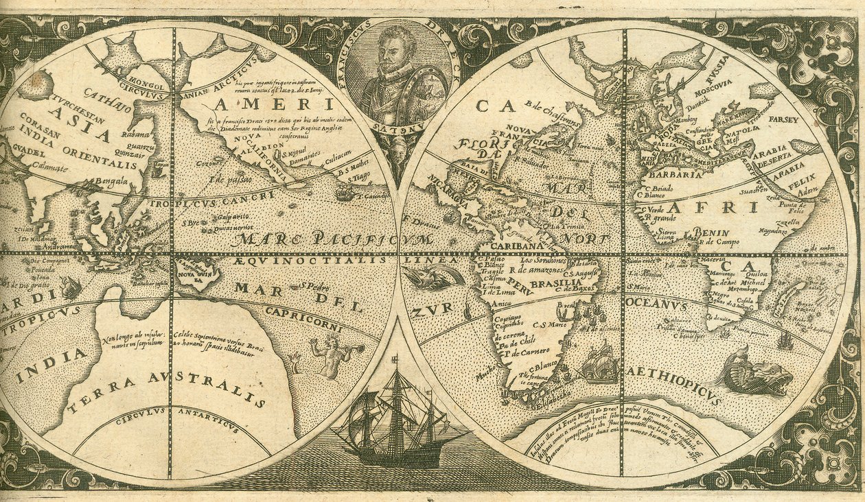 Titelside på Americae Pars VIII med et portræt af Francis Drake og hans skib, Den Gyldne Hind, 1 af Theodore de Bry