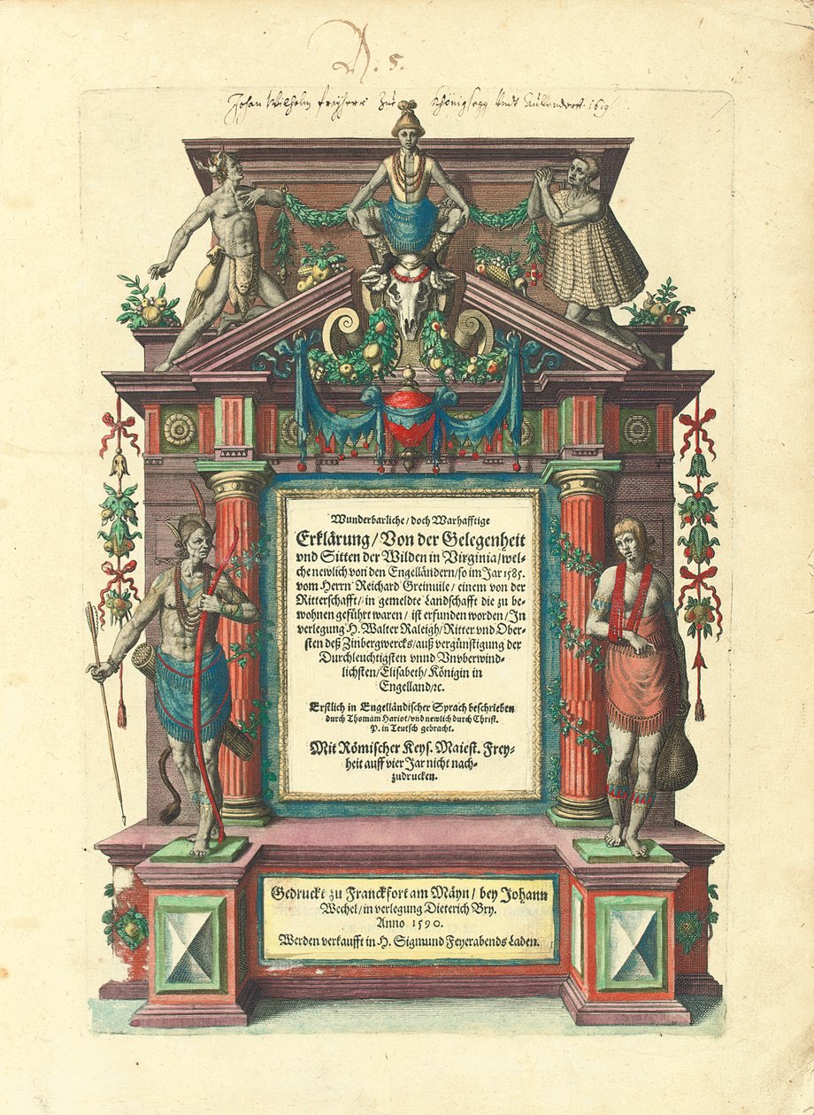 Titelside for den første udgave på tysk af første del af "Great Voyages: America", 1590 af Theodore de Bry