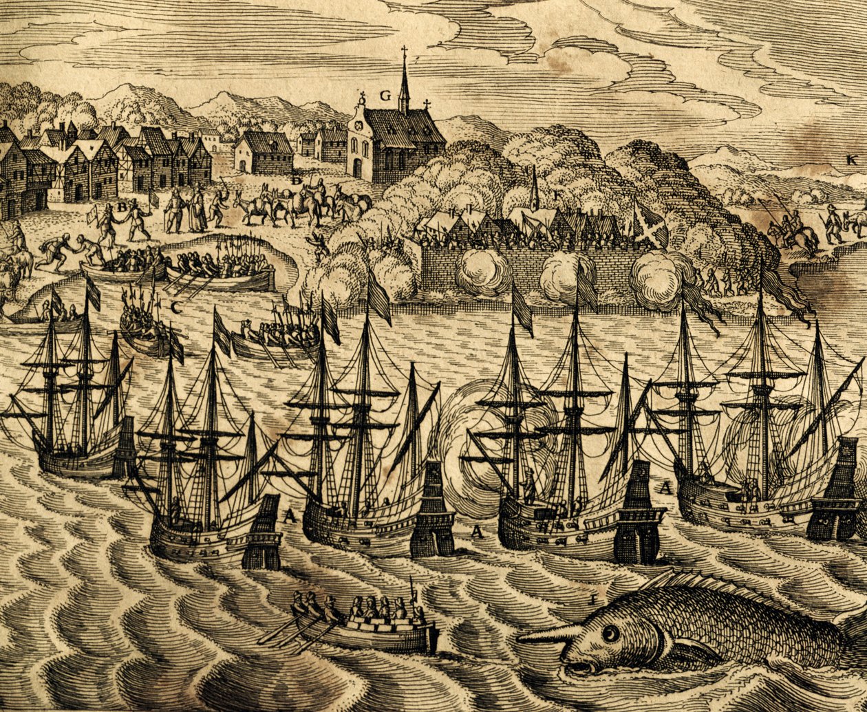 Udsigt over havnen i Acapulco i Mexico, gravering fra Historia Americae, af Theodor de Bry (1528-1598), Frankfurt af Theodore de Bry