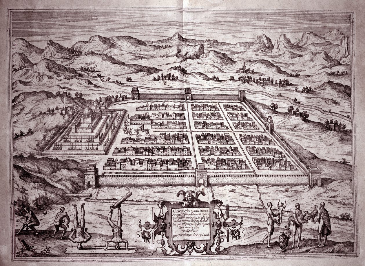 Udsigt over inkabyen Cuzco, Peru (gravering af Theodore de Bry