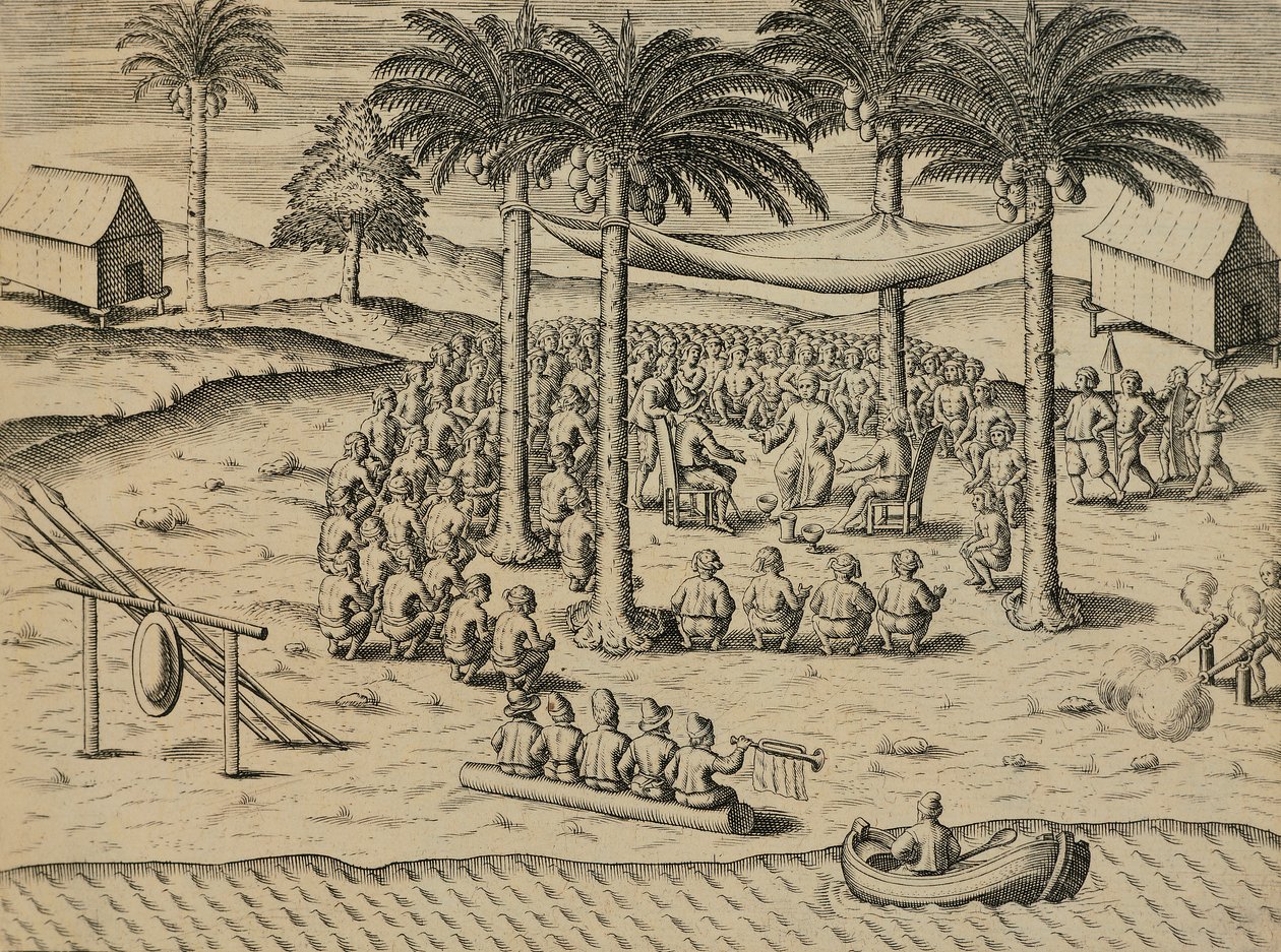 Velkommen fra indfødte afrikanske indfødte, Illustration fra Indiae Orientalis af Antonio Pigafetta, af Theodore de Bry af Theodore de Bry