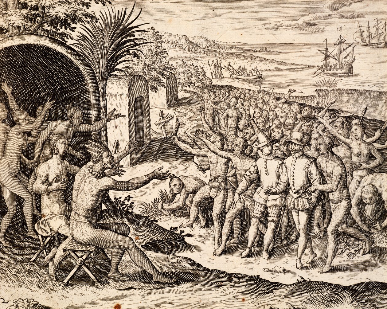 Indbydende hollandsk, gravering fra værket India orientalis, af Theodor de Bry (1528-1598), Indonesien af Theodore de Bry