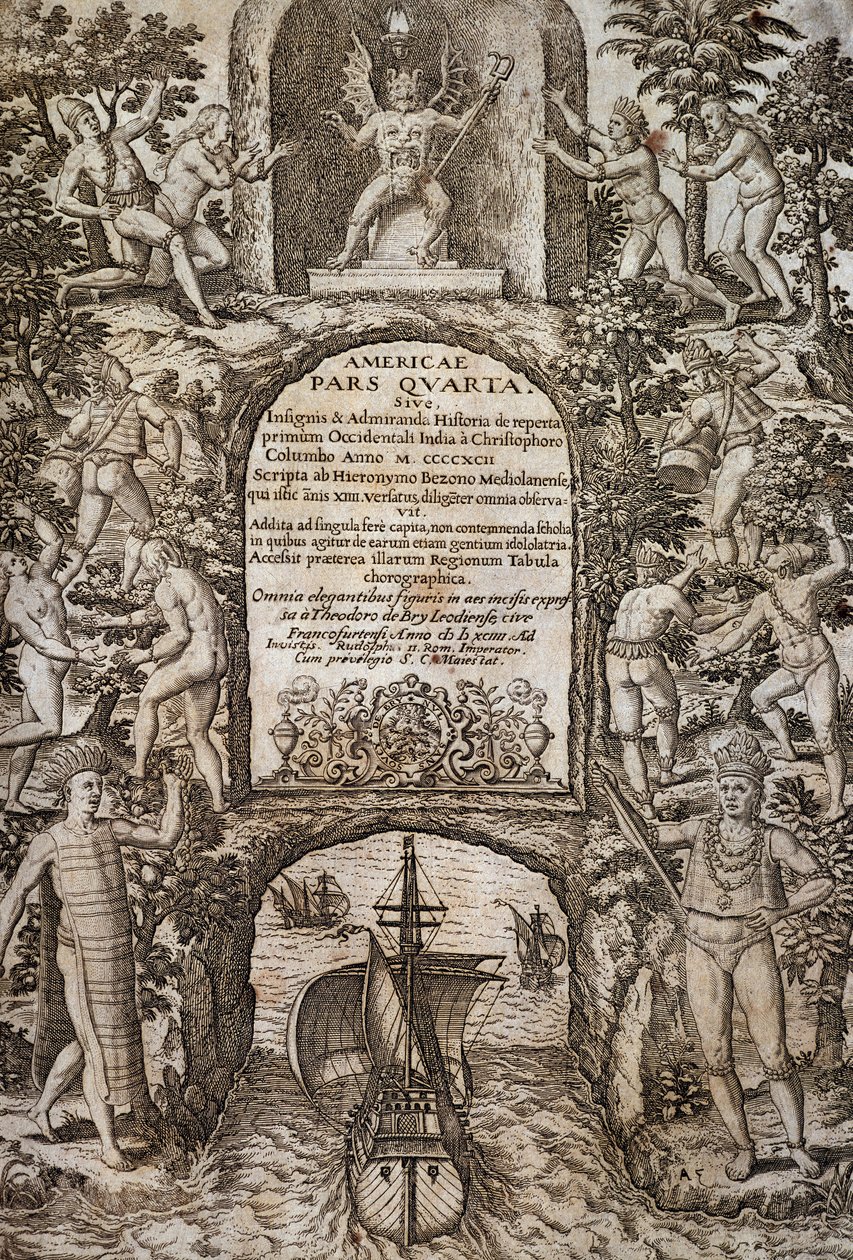 Vestindien eller Amerika, af Theodor de Bry (1528-1598), frontispice, gravering af Theodore de Bry