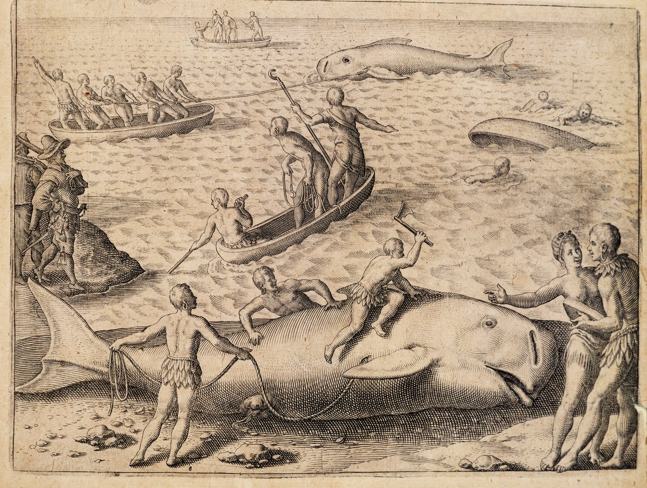 Hvalfangst nær Spitsbergen, gravering af Theodor de Bry (1528-1598) fra India Orientalis (Østindien) af Theodore de Bry