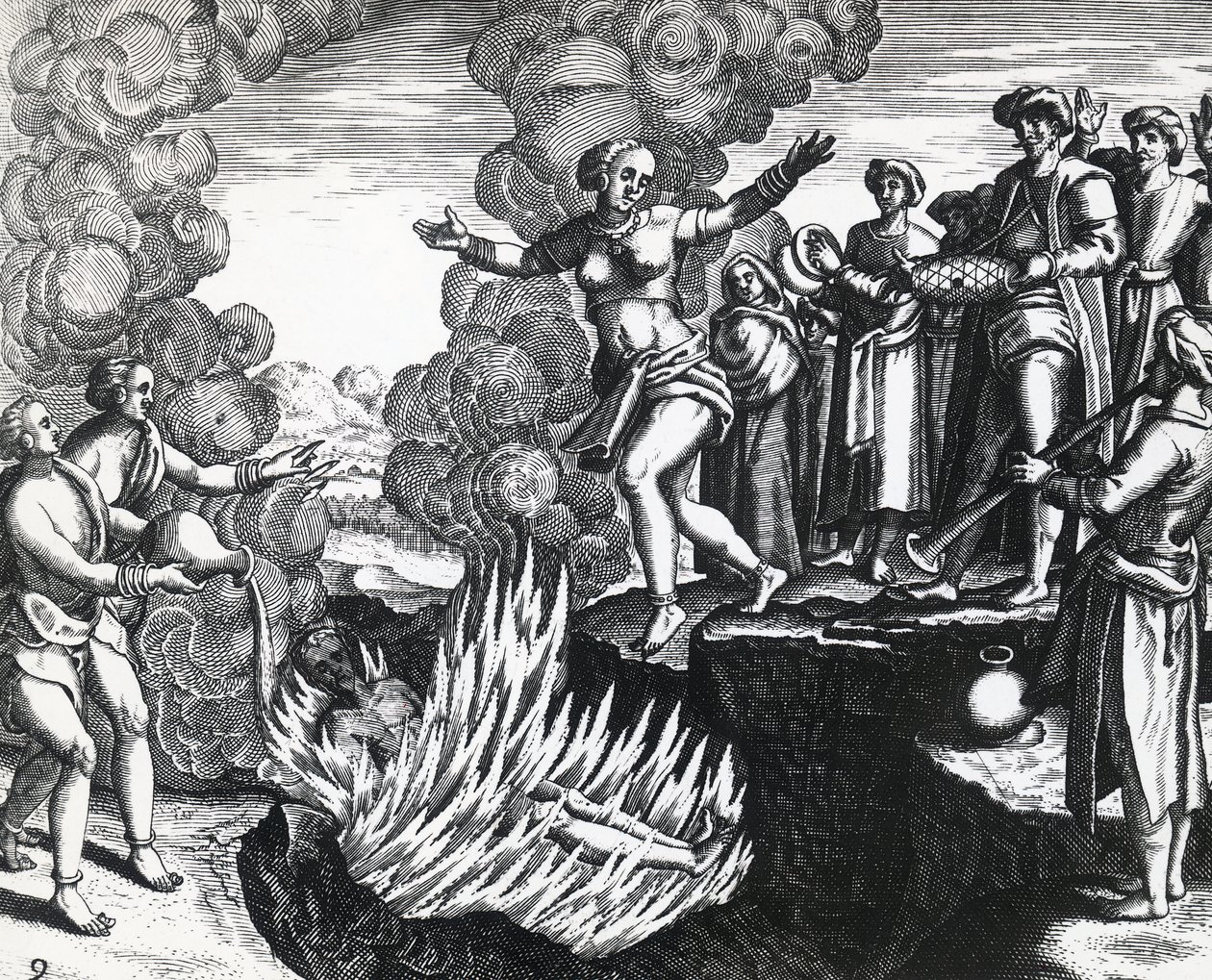Kvinde kaster sig på ægtemandens bål, af Theodor de Bry (1528-1598), gravering af Theodore de Bry
