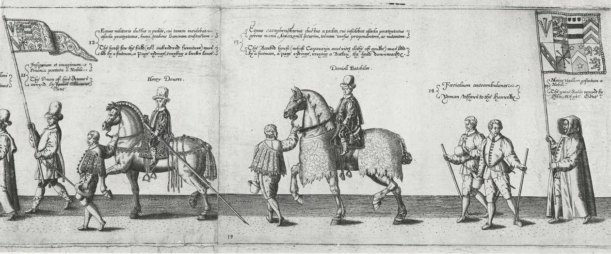 Yeomen indvarsler Sir Philip Sidneys begravelseskort på vej til St. Pauls Cathedral, 1587 af Theodore de Bry