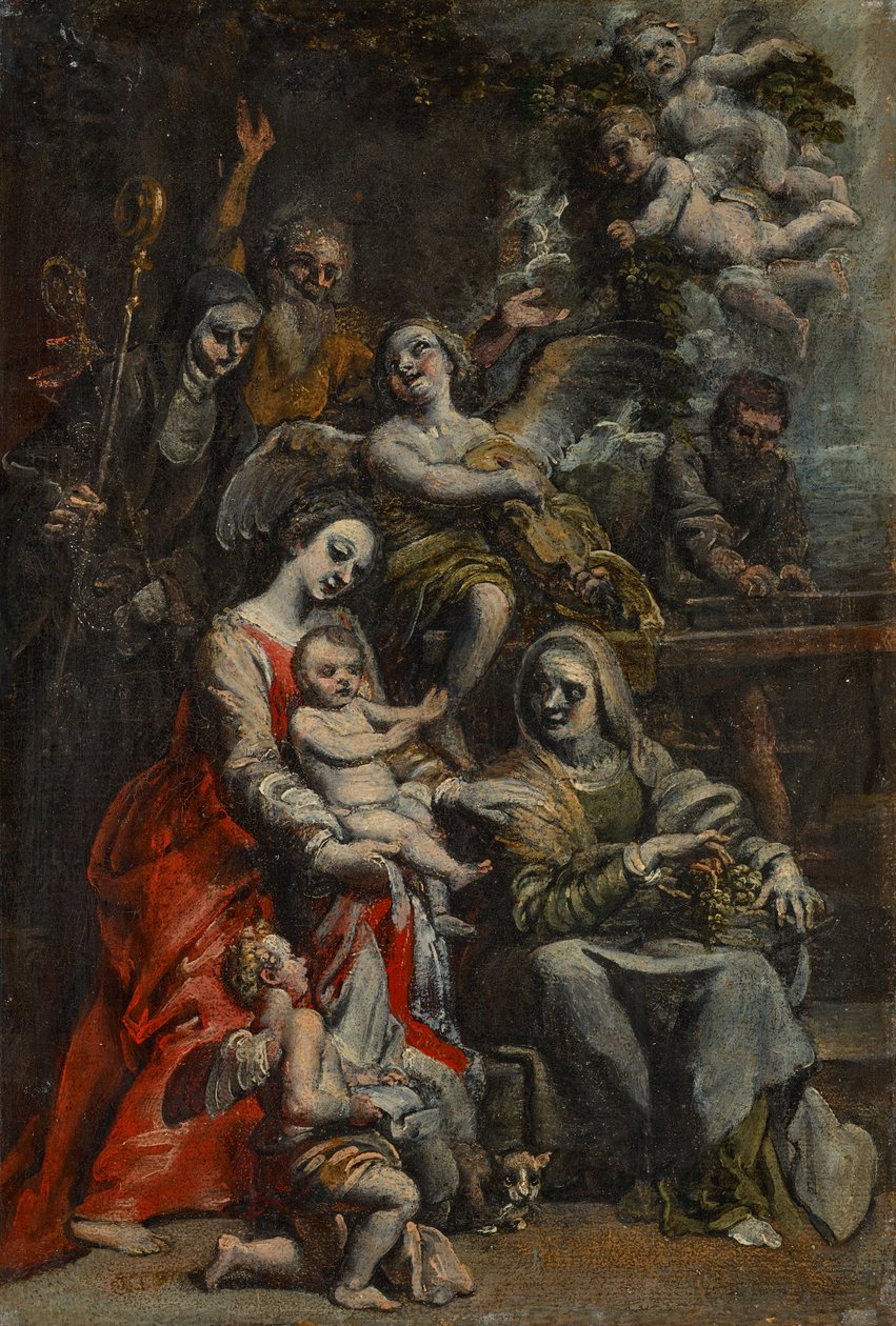 Den hellige familie med Sankt Anna, andre helgener og engle (olie på papir lagt på panel) af Theodore van Loon