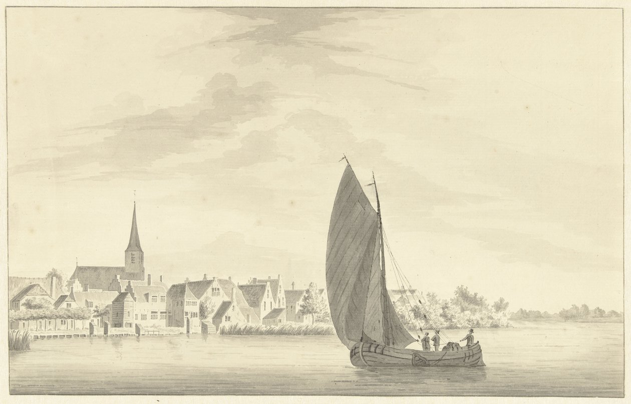 Landsbyen Gouderak med et sejlskib i forgrunden af Theodorus Cornelis Schutter