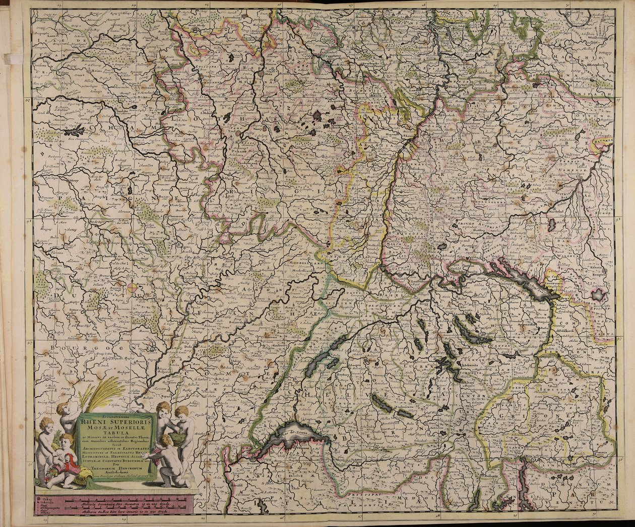 Accuratissima Rheni superioris Mosae et Mosellae tabula ac minores in eosdem in fluentes fluvii cum omnibus adherentibus regionibus sicut archiepiscopatus et electoratus Moguntini et Palatinatus Rheni Lotaringiae Helvetiae Alsatiae Sueviae et comitatus Bur af Theodorus Danckerts