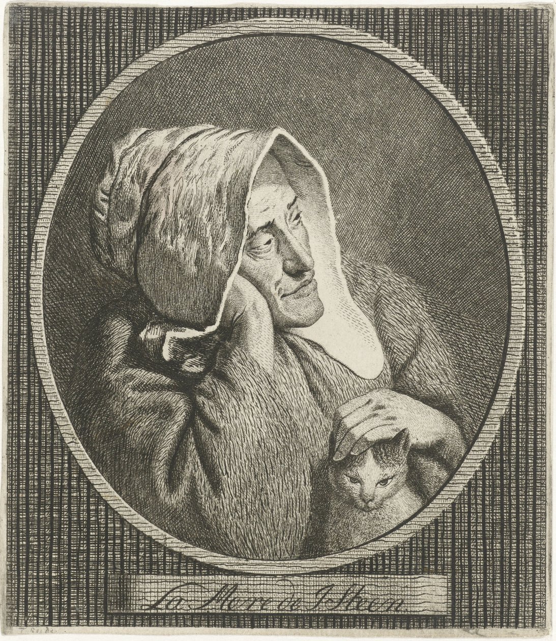 Gammel kvinde med kat La Mere de J. Steen (titel på objekt) af Theodorus de Roode