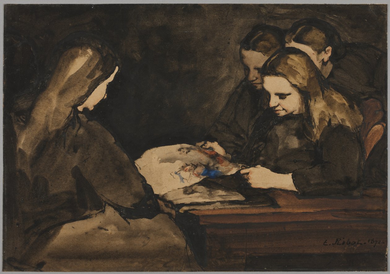 Fire piger studerer en tegning af Theodule Ribot