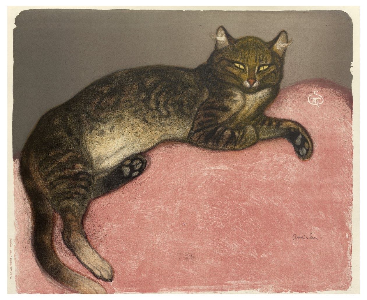 Winter, Kat på en pude, 1909 (farve litho på cremevævet papir) af Théophile Alexandre Steinlen