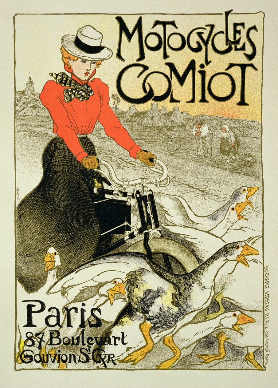 Gengivelse af en plakat, der reklamerer for Comiot-motorcykler, 1899 af Théophile Alexandre Steinlen