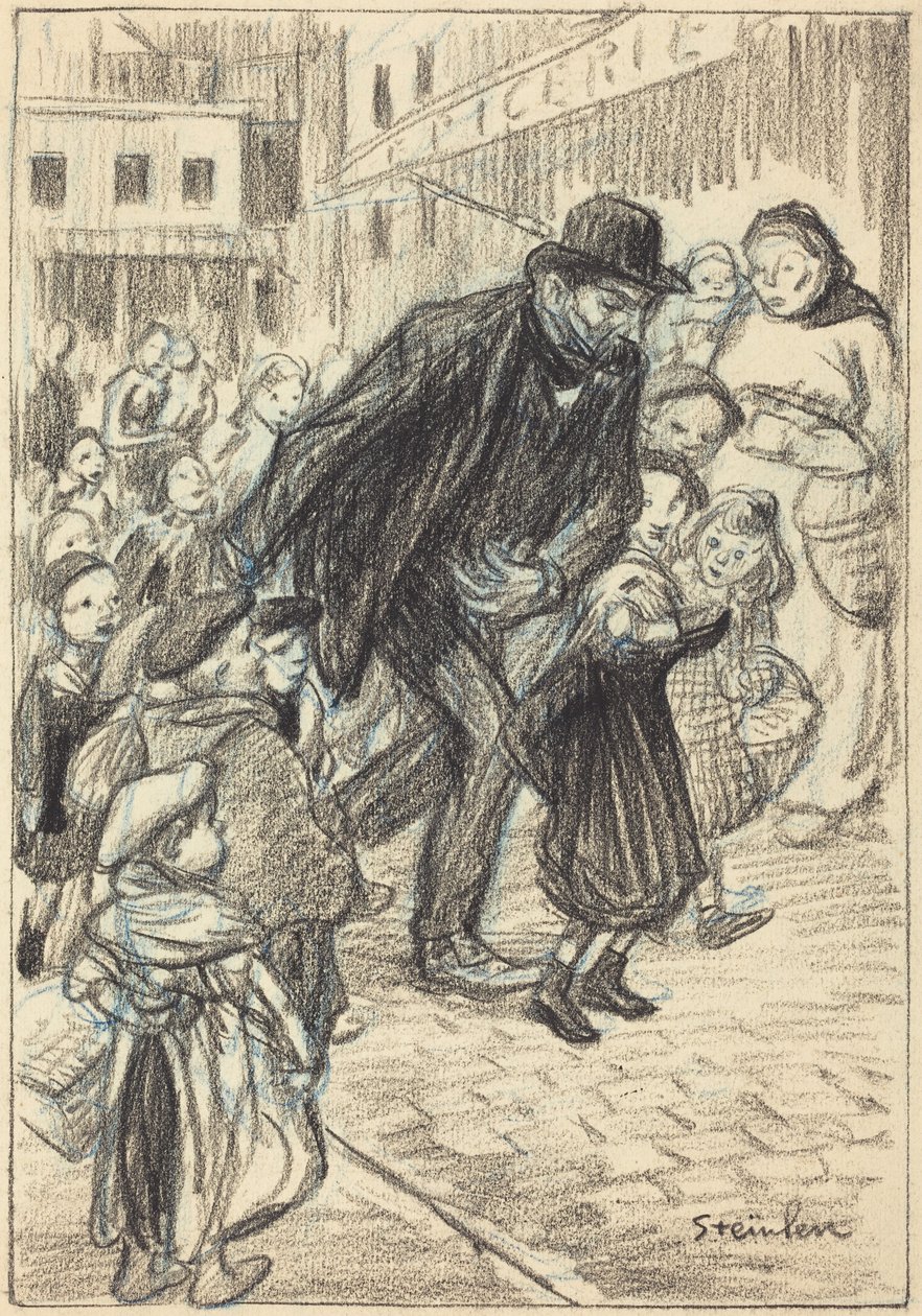En mand på en gade i byen, omgivet af børn (Un Père) af Théophile Alexandre Steinlen