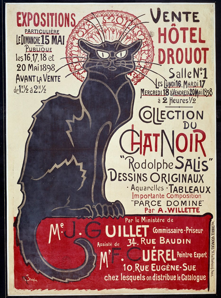 Reklameplakat, der annoncerer salget på Hotel Drouot i 1898 af Cat Noir-samlingen og værker af Rodolphe Salis, Illustration af Theophile Alexandre Steinlen (1859-1923) af Théophile Alexandre Steinlen