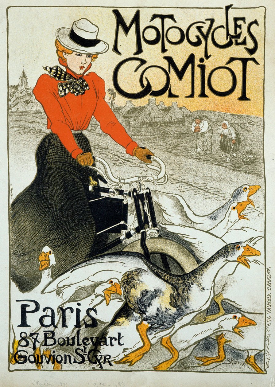 Reklameplakat for Comiot motorcykler. En ung kvinde på knallert ruller blandt en gruppe gæs. Plakat af Theophile Alexandre Steinlen (1859-1923). 1899. Paris, dekorativ kunst. af Théophile Alexandre Steinlen