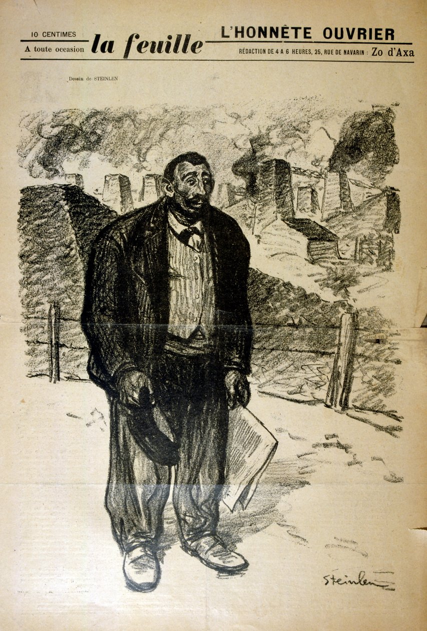 Tegning af en fattig fabriksarbejder mod et industrielt landskab af Alexandre Steinlen (1859-1923), en schweizisk-født fransk art nouveau-maler og grafiker af Théophile Alexandre Steinlen