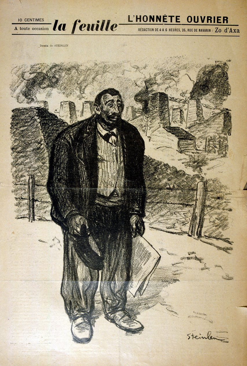 Tegning af en fattig fabriksarbejder mod et industrielt landskab af Alexandre Steinlen (1859-1923), en schweizisk-født fransk art nouveau-maler og grafiker af Théophile Alexandre Steinlen