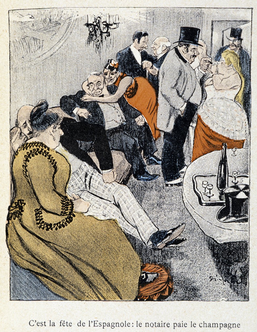 Filles et Marlous: Det er spaniernes fest: notaren betaler champagnen - i "Dans la vie" af Steinlen 1901 (samme tegning som nr. 27695) af Théophile Alexandre Steinlen